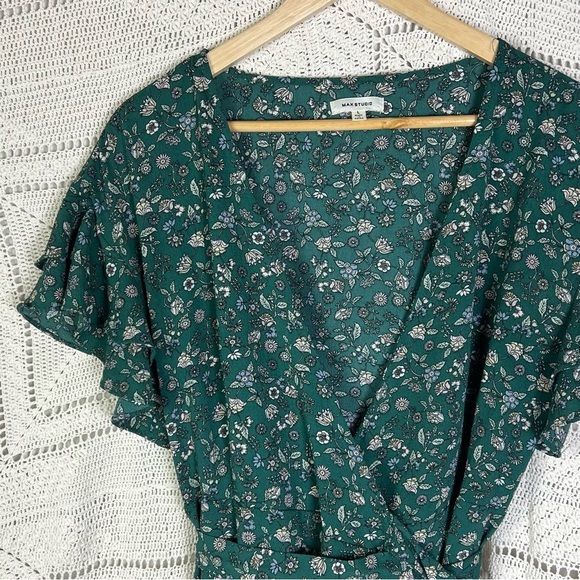 Max Studio Dress Size Large Green Crepe Ruffle Wrap Midi Short Sleeve Floral - Picture 6 of 7